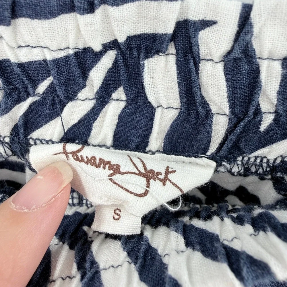 Kuana Jack Navy White Tropical Palm Leaf‎ Linen Blend Jogger Pants Small